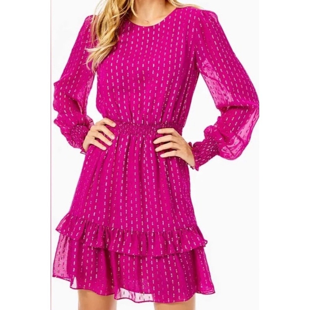 Lilly Pulitzer Dotti Silk Tiered Mini‎ Dress Size 12 Long Sleeve Pink Metallic